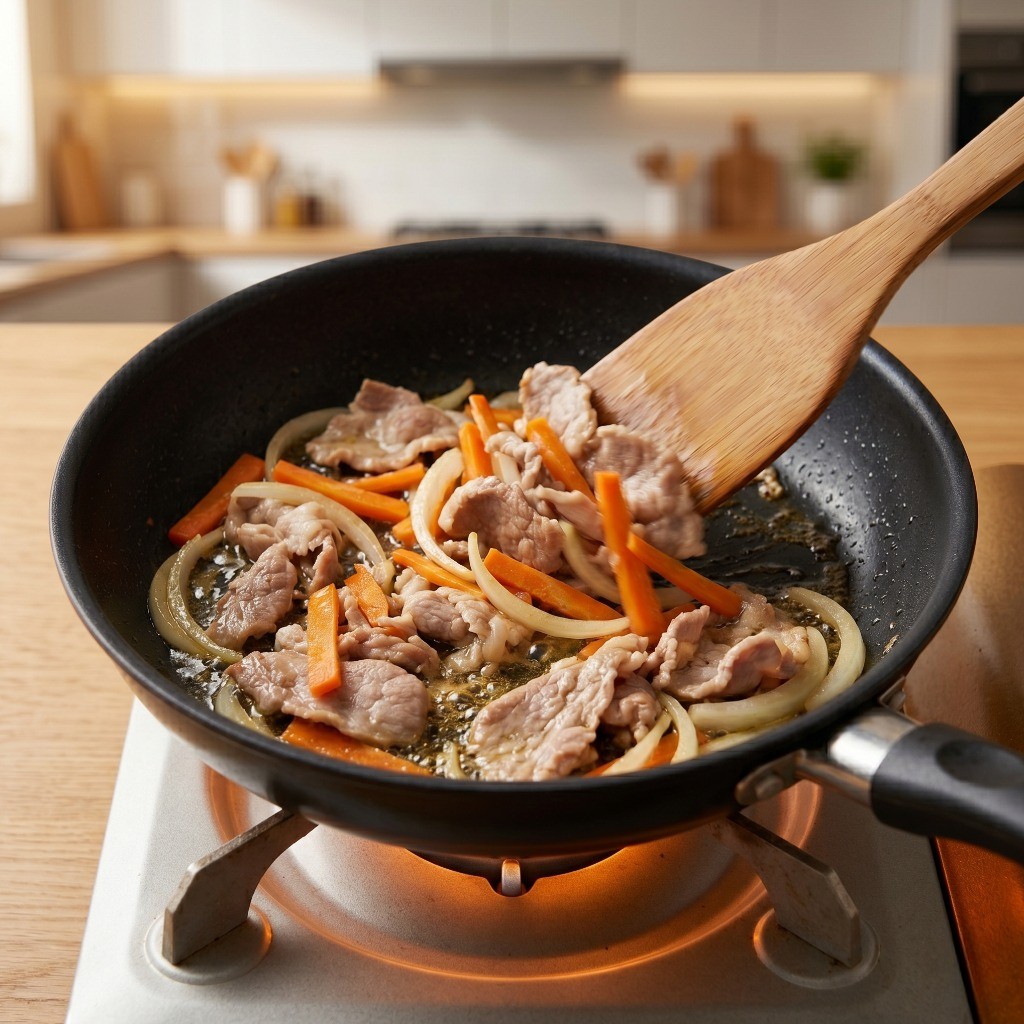 돼지고기와 당근, 양파를 뭉치지 않게 볶는 짜춘권 속재료 조리 과정