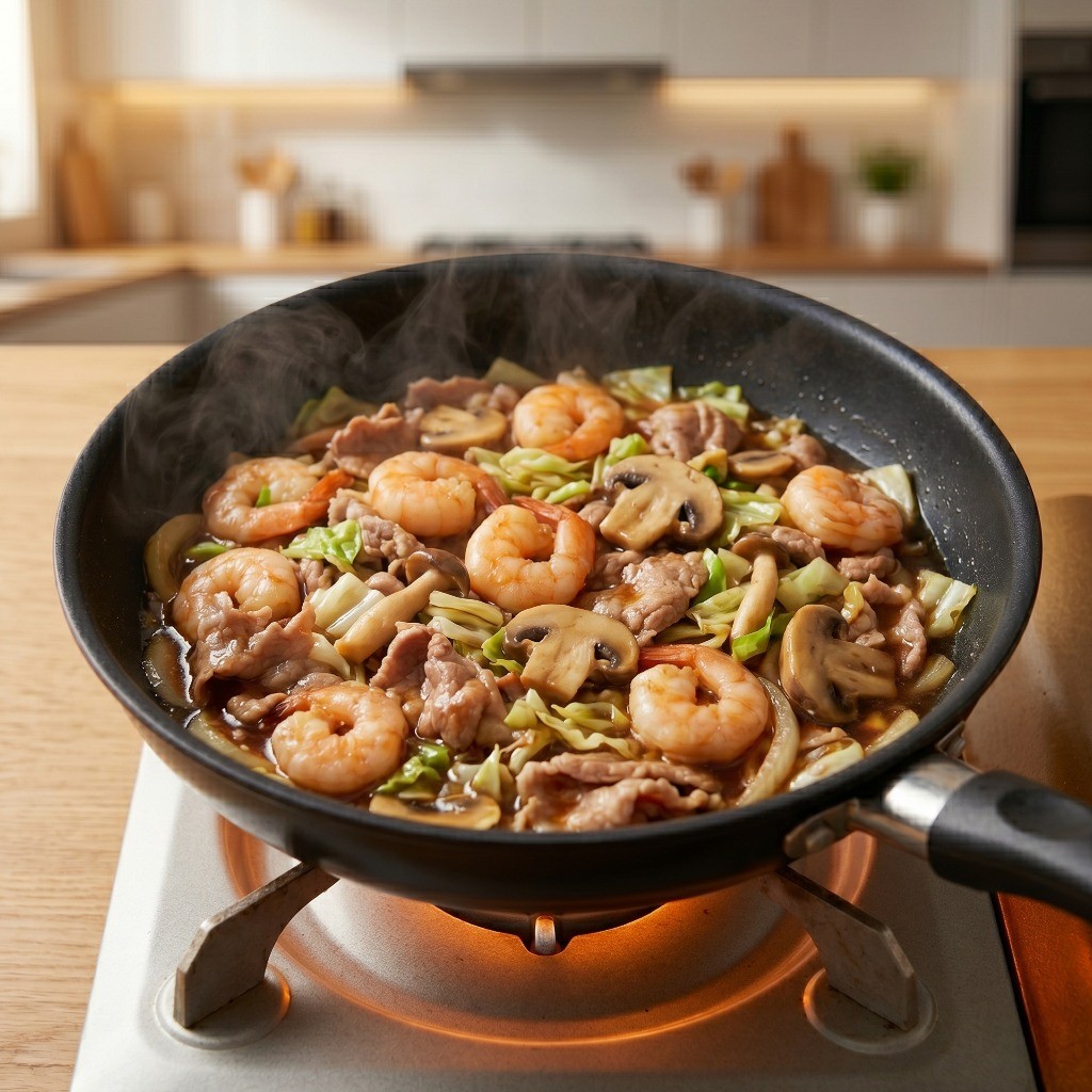 새우, 버섯 등 야채를 넣고 간장으로 간을 맞춰 바싹 볶아낸 짜춘권 속재료