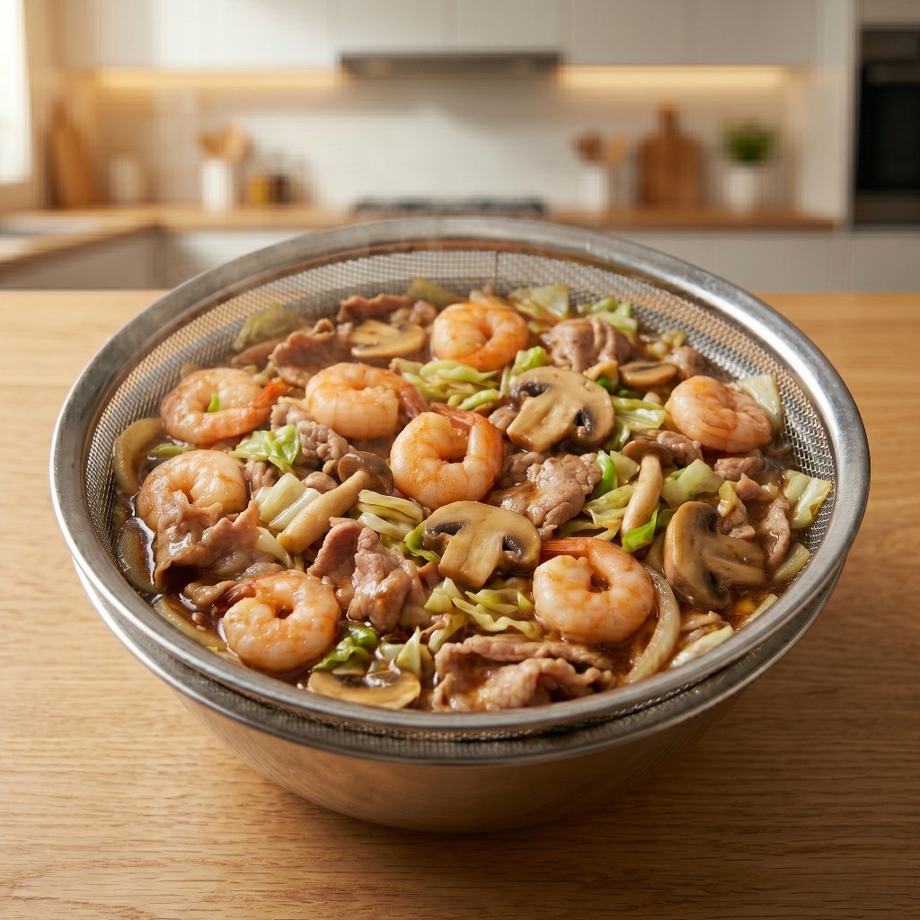 볶은 짜춘권 속재료를 타공망에 밭쳐 수분을 완벽하게 제거하는 과정