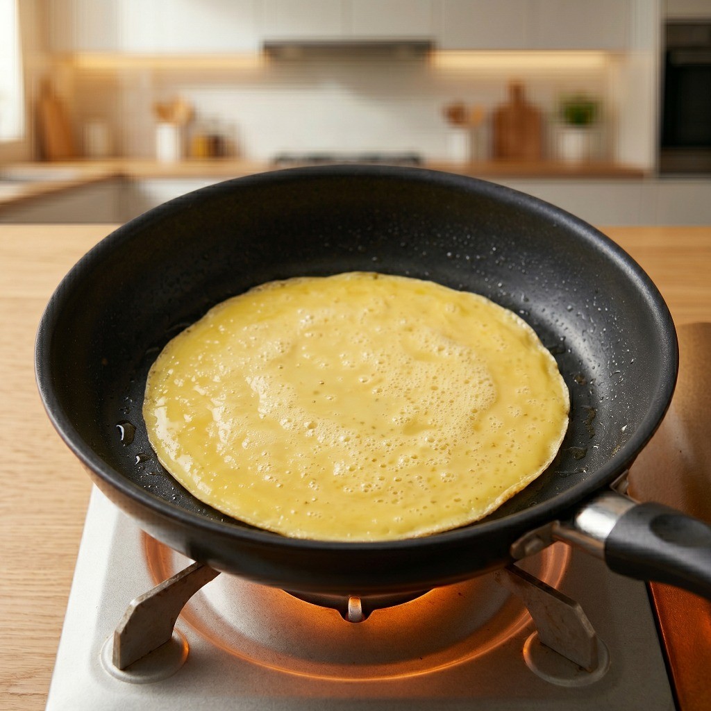 프라이팬에 기름을 코팅하여 넓고 얇게 짜춘권용 계란 지단 부치기