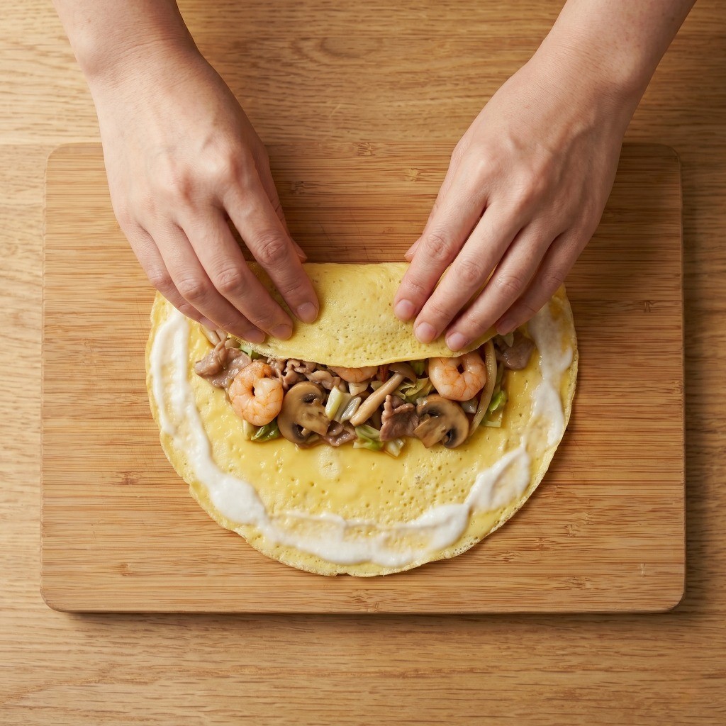 계란 지단 위에 속재료를 얹고 밀가루 풀을 발라 짜춘권을 단단하게 마는 모습