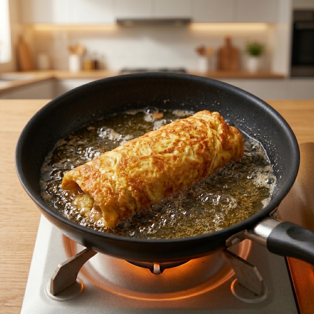 기름을 넉넉히 두른 팬에서 계란말이 짜춘권을 바삭하고 노릇하게 튀겨내는 과정