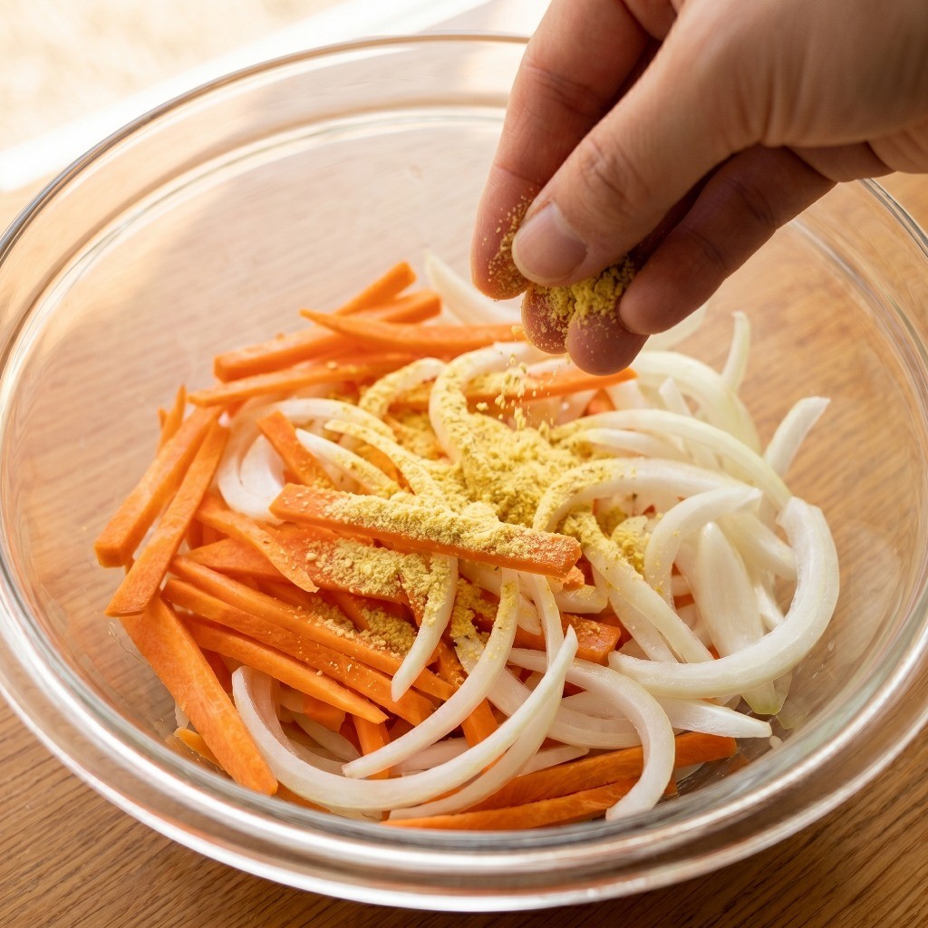 토마토소스 떡그라탕 재료인 양파와 당근을 얇게 채 썰어 치킨스톡으로 밑간하는 모습