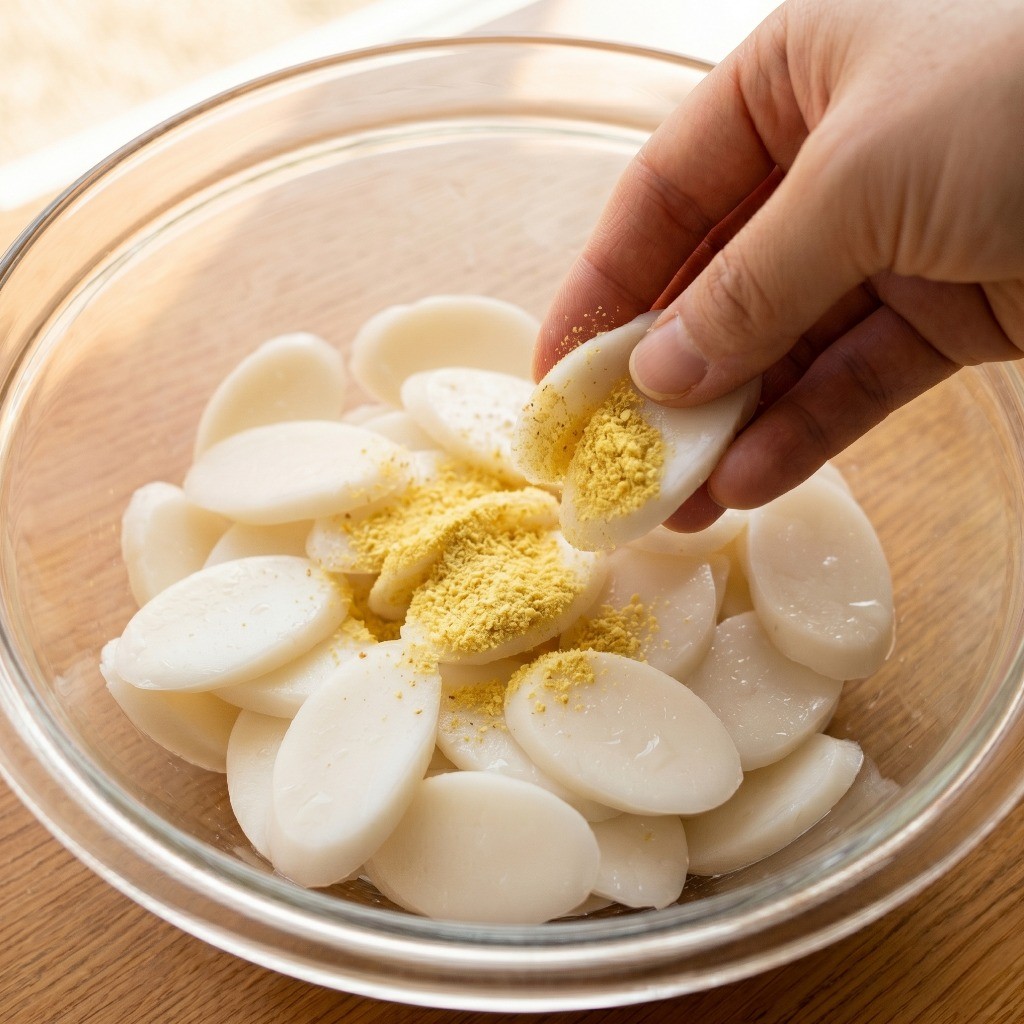 물에 불린 떡국떡에 감칠맛을 더하기 위해 치킨스톡 파우더를 섞어 밑간하는 모습