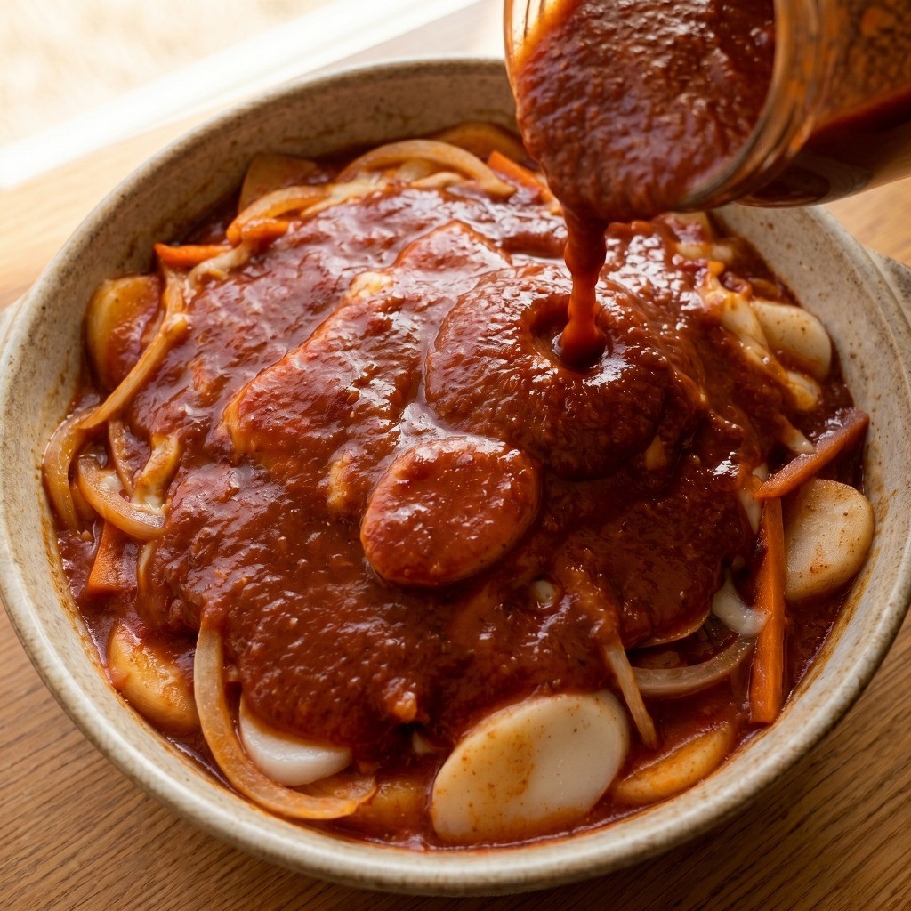 전자레인지 용기에 채소와 떡국떡을 층층이 쌓고 시판 토마토소스를 듬뿍 덮는 모습