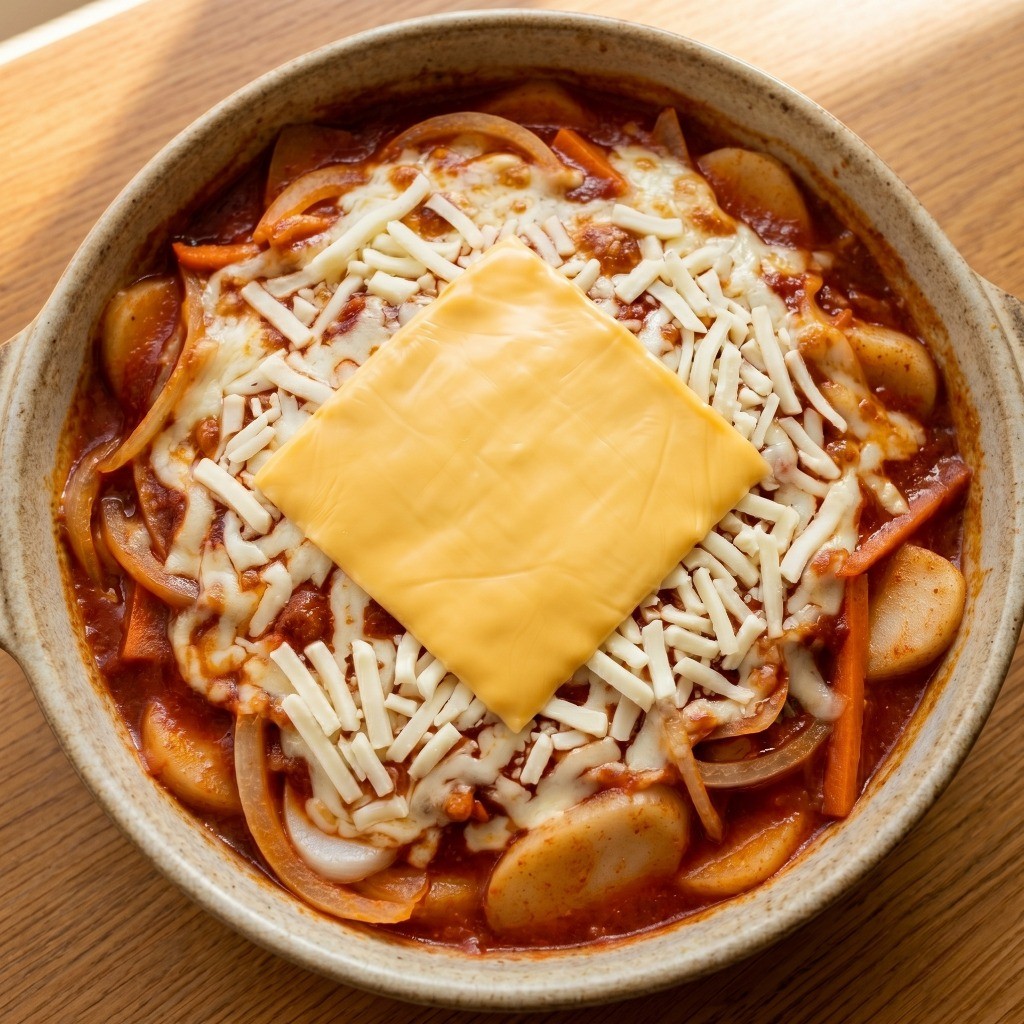 모짜렐라 치즈와 체다 치즈를 듬뿍 올린 후 전자레인지로 조리하여 완성된 이연복 떡그라탕