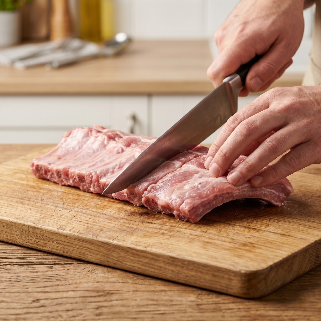 이연복 오향 등갈비 튀김 레시피 1단계 - 돼지 등갈비 뼈 결 따라 자르는 손질 과정