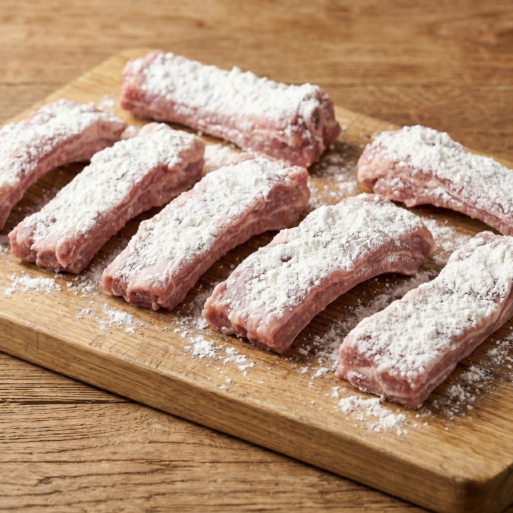 이연복 오향 등갈비 튀김 레시피 3단계 - 양념 밴 등갈비에 쫀득한 튀김옷을 위한 옥수수 및 감자 전분 묻히기