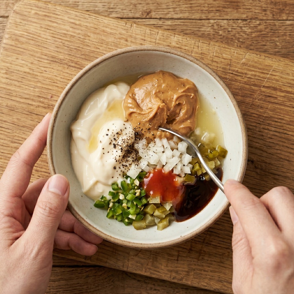 이연복 특제 타르타르 소스 레시피 - 다진 채소, 마요네즈, 땅콩버터, 타바스코를 섞어 매콤 고소한 소스 만들기