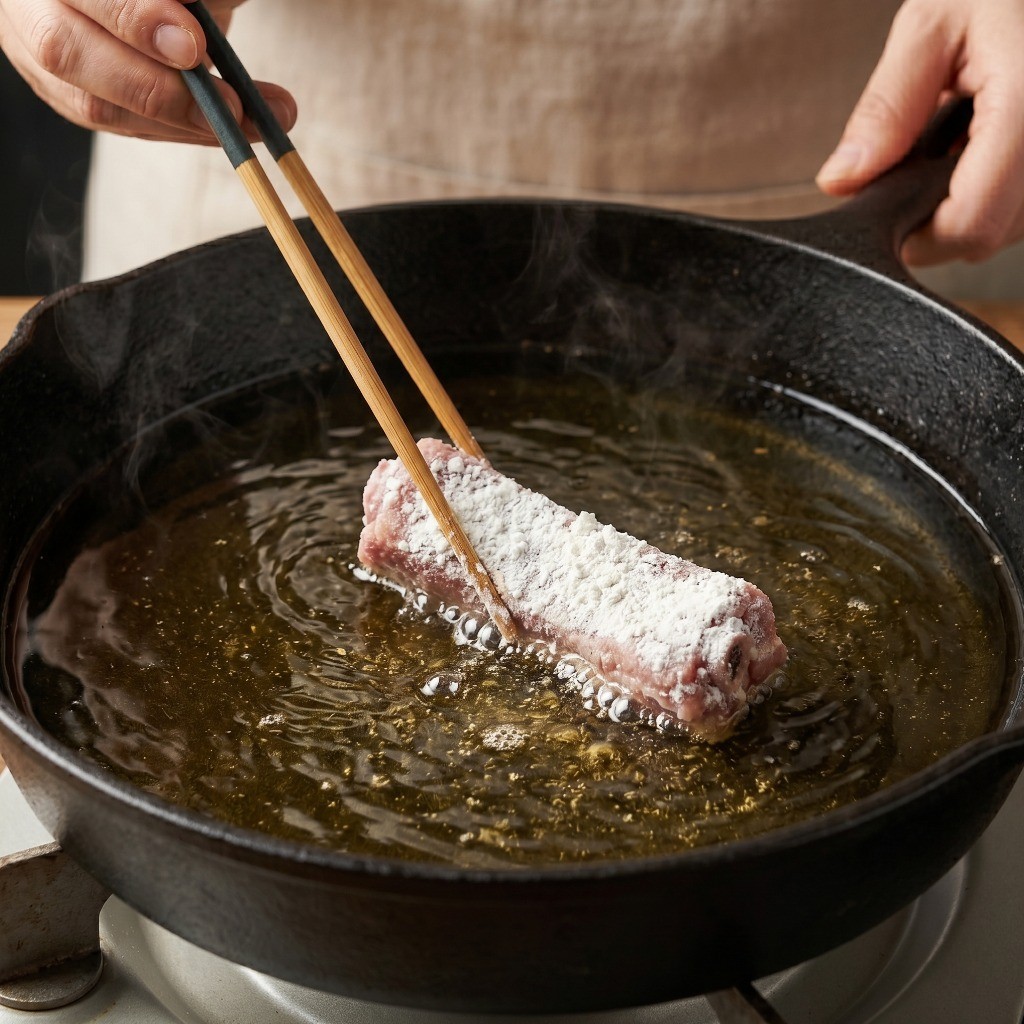 이연복 오향 등갈비 튀김 레시피 4단계 - 속까지 익히기 위해 100도 온도 기름에서 등갈비 1차로 튀겨내기