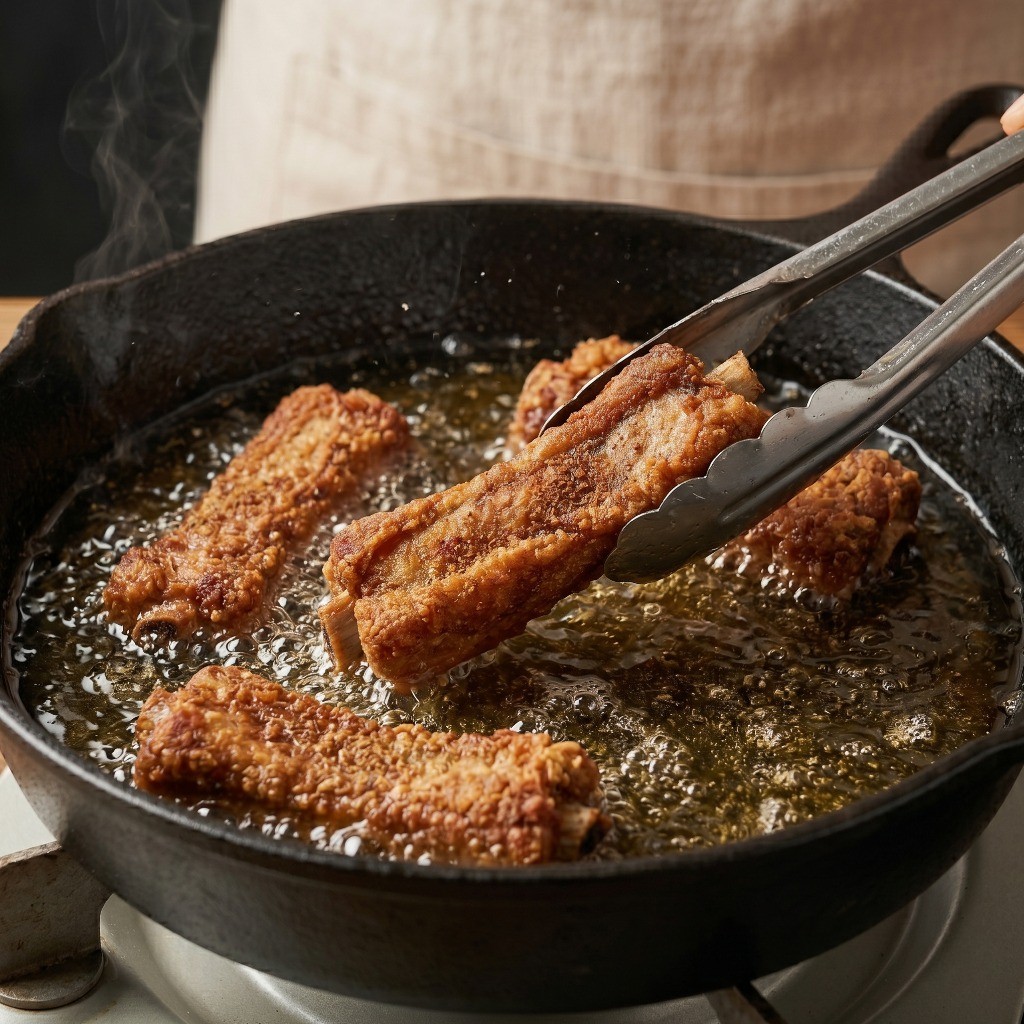 이연복 오향 등갈비 튀김 레시피 5단계 - 기름 온도를 높여 2차로 바삭하게 튀겨 겉바속쫀 식감 살리기