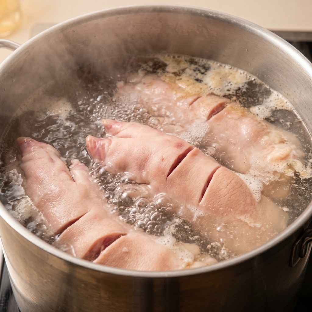 이연복 홍소족발 레시피 1단계: 통족발에 칼집을 내어 핏물을 빼고 초벌 삶는 과정