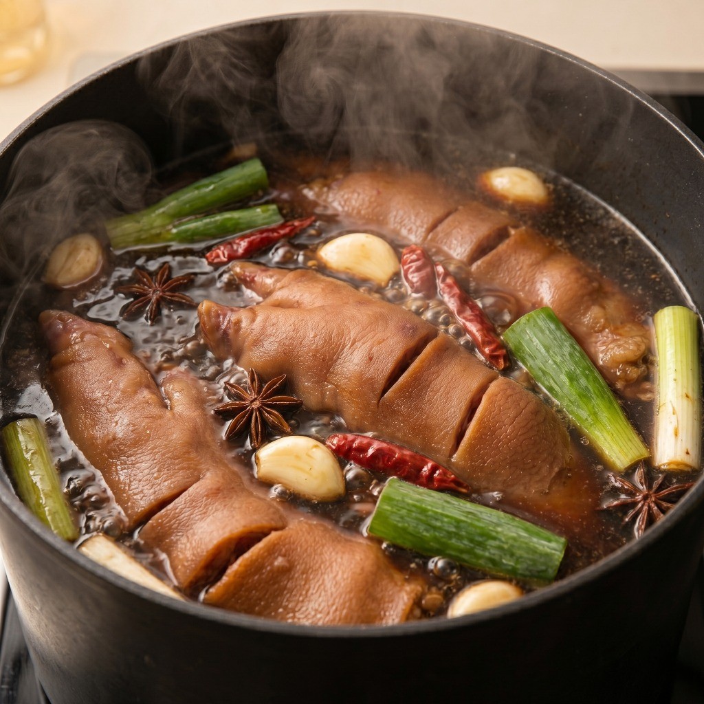 이연복 홍소족발 레시피 2단계: 물에 굴소스, 노추간장, 팔각 등 비법 양념장을 넣고 졸이는 모습