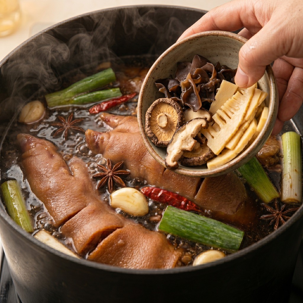 이연복 홍소족발 레시피 3단계: 족발 냄비에 불린 표고버섯, 목이버섯, 죽순을 추가하여 감칠맛을 더하는 과정