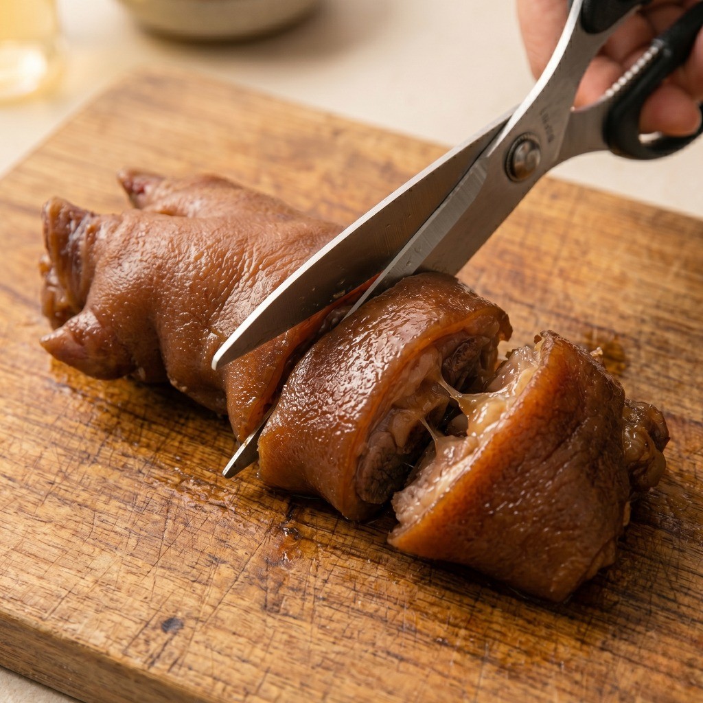 이연복 홍소족발 레시피 4단계: 1시간 동안 푹 조려져 야들야들해진 족발을 가위로 먹기 좋게 손질하는 모습