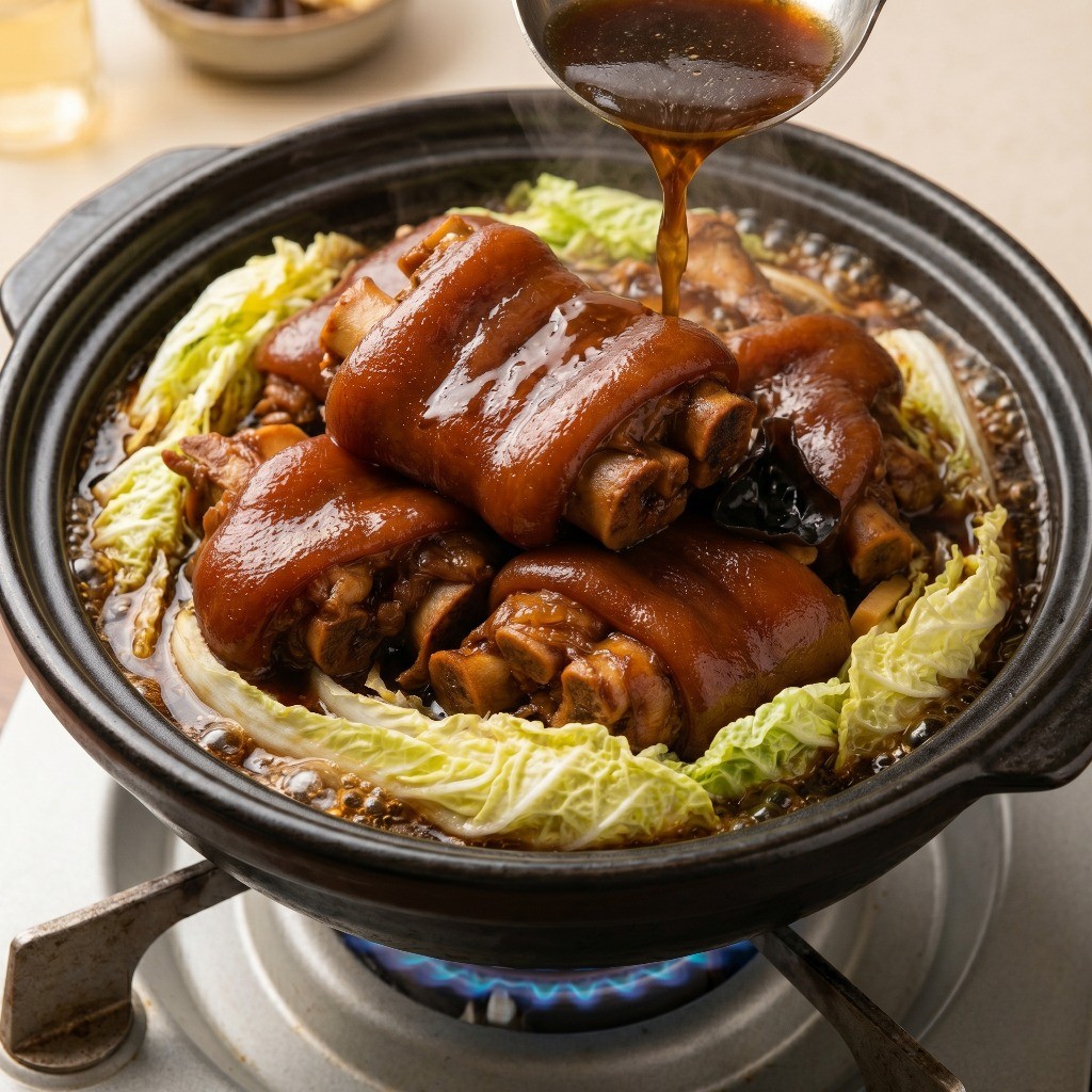 이연복 홍소족발 레시피 5단계: 뚝배기 바닥에 알배기 배추를 깔고 족발과 국물을 부어 끓여내는 최종 완성 단계