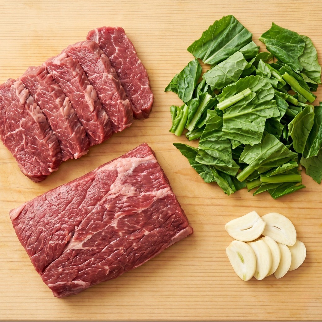 소고기 유채 볶음 재료 준비 - 부채살과 유채나물 손질하기