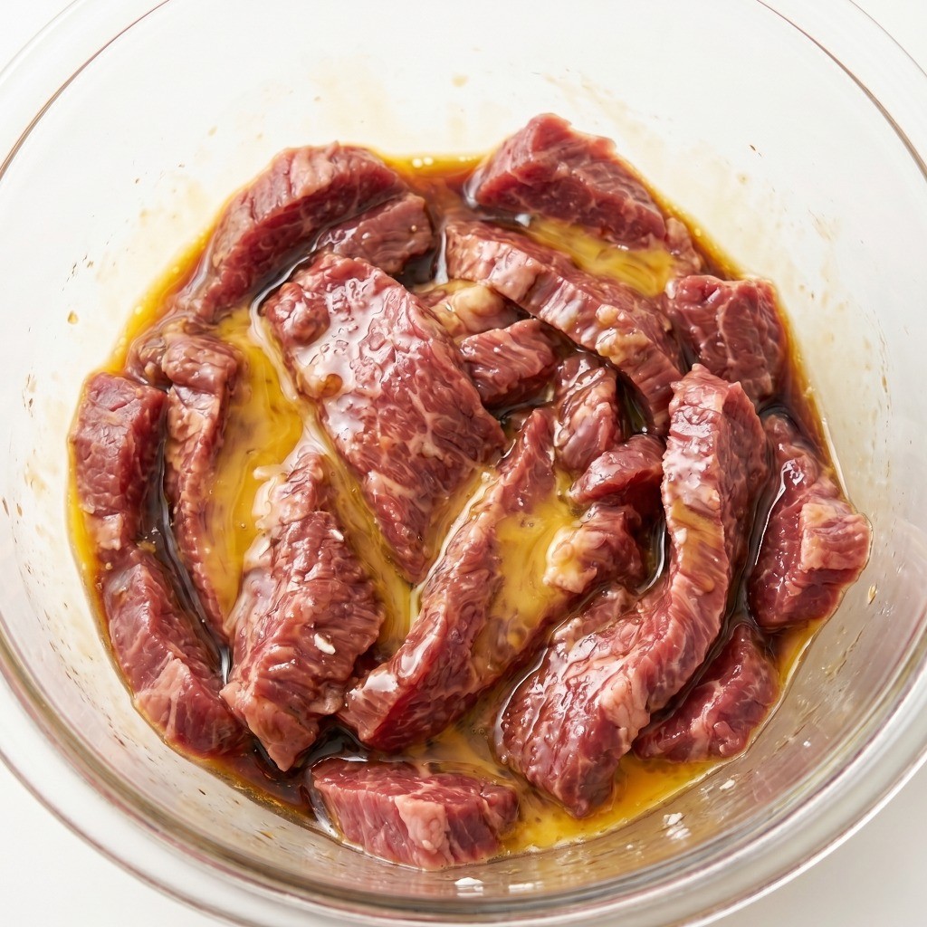 소고기 유채 볶음 고기 연육 비법 - 소고기에 계란물과 전분으로 밑간하기