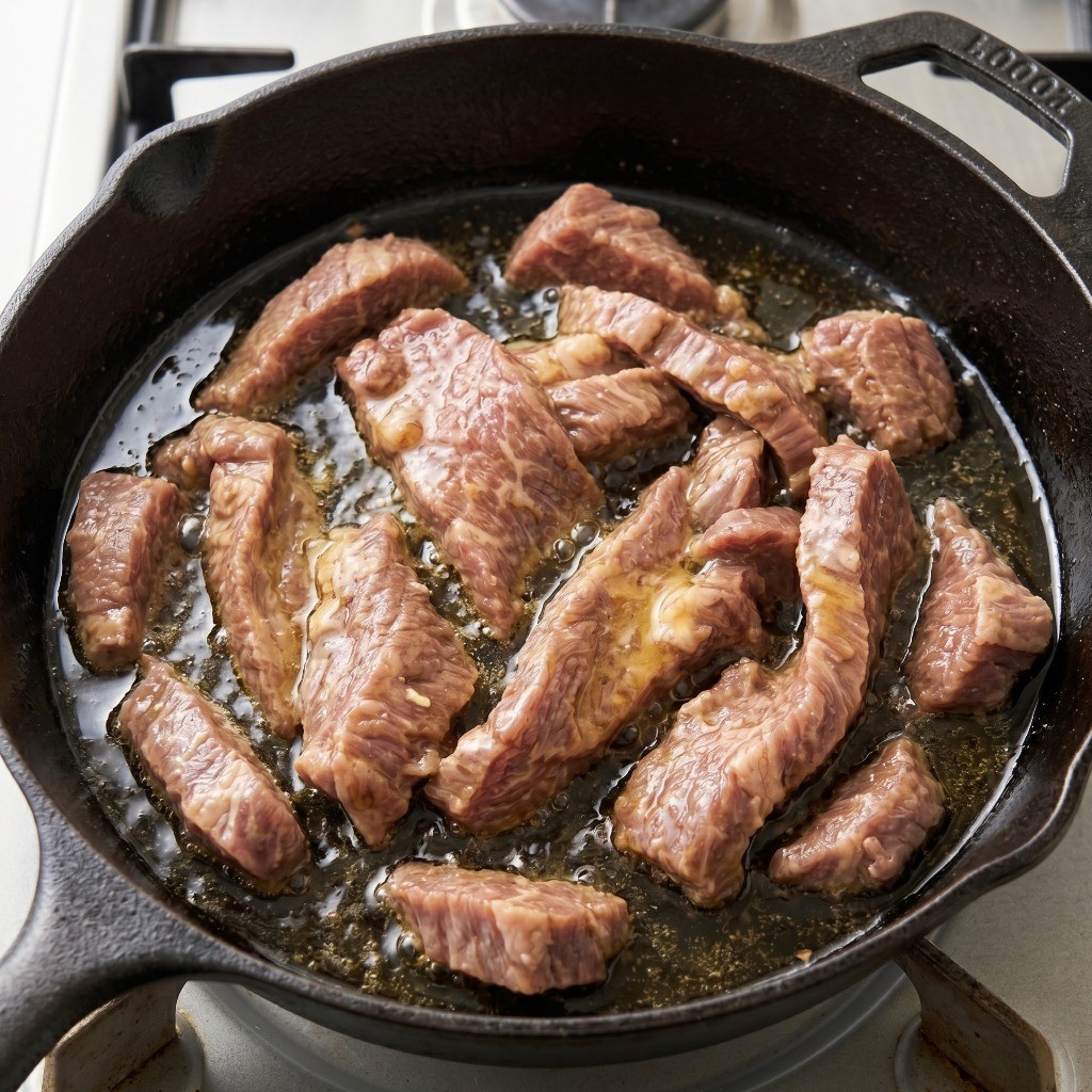 소고기 유채 볶음 초벌 과정 - 소고기를 기름에 부드럽게 익히는 화한 기법