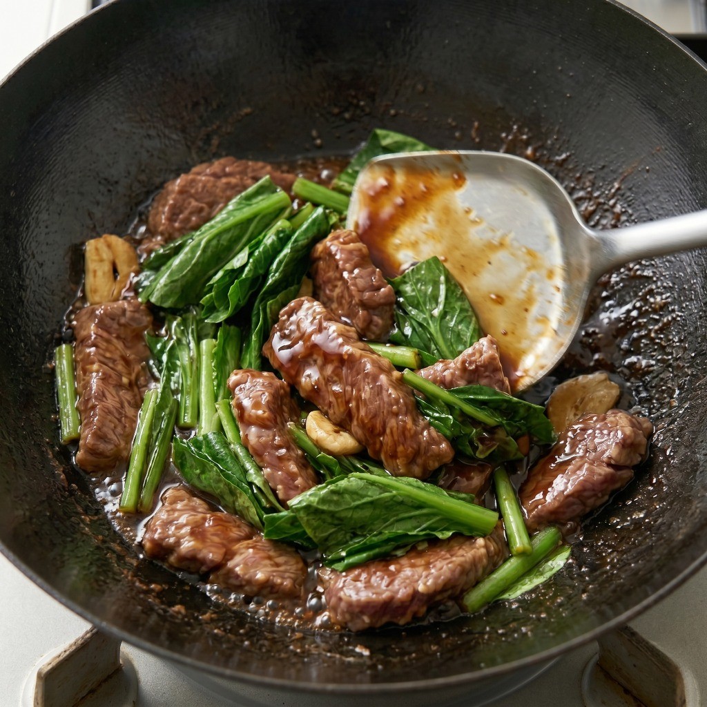 이연복 소고기 유채 볶음 완성 단계 - 굴소스와 고기를 넣고 최종 볶아내기
