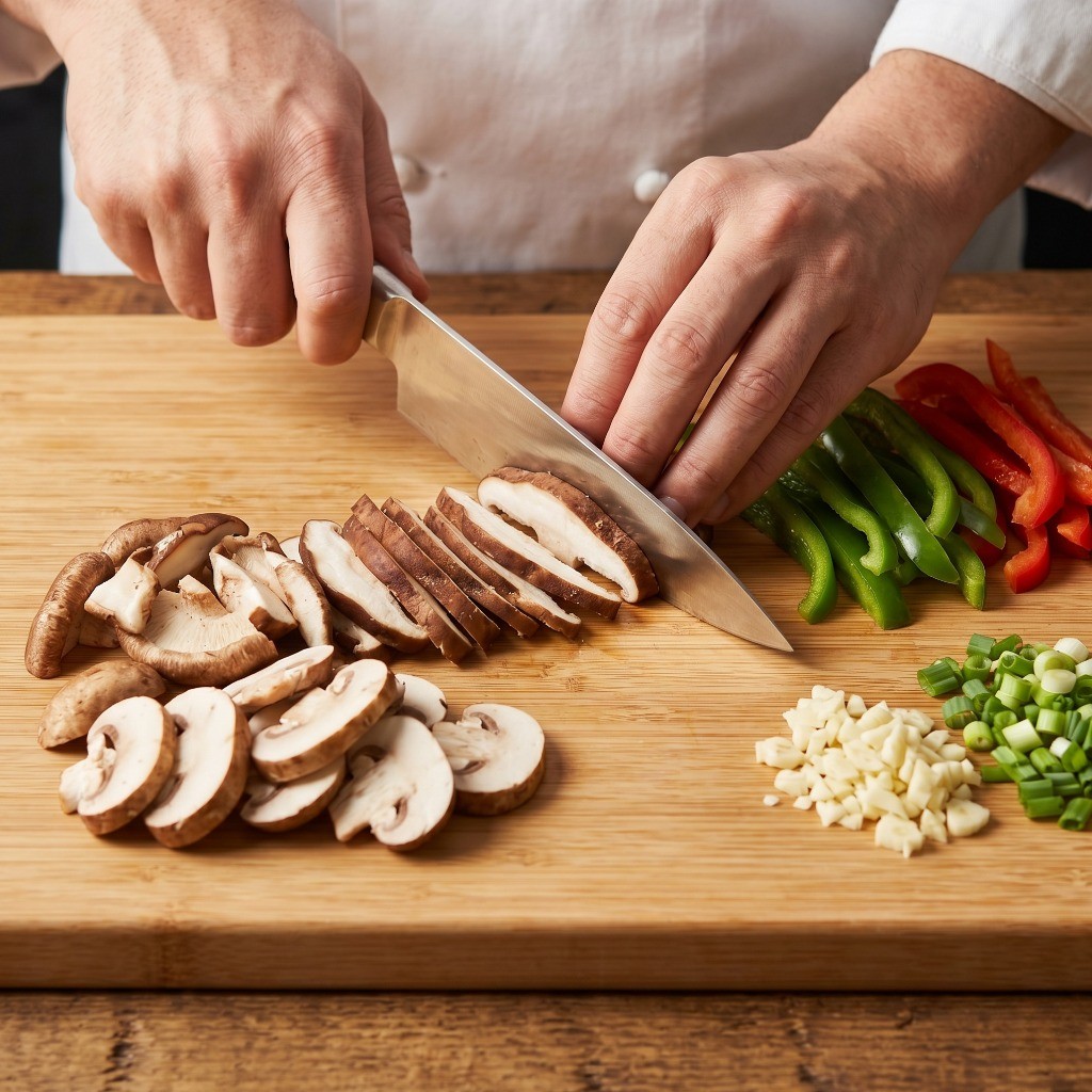 버섯, 피망, 파, 마늘 등 두반장 버섯채 볶음 재료를 얇게 채 썰고 다지는 손질 과정
