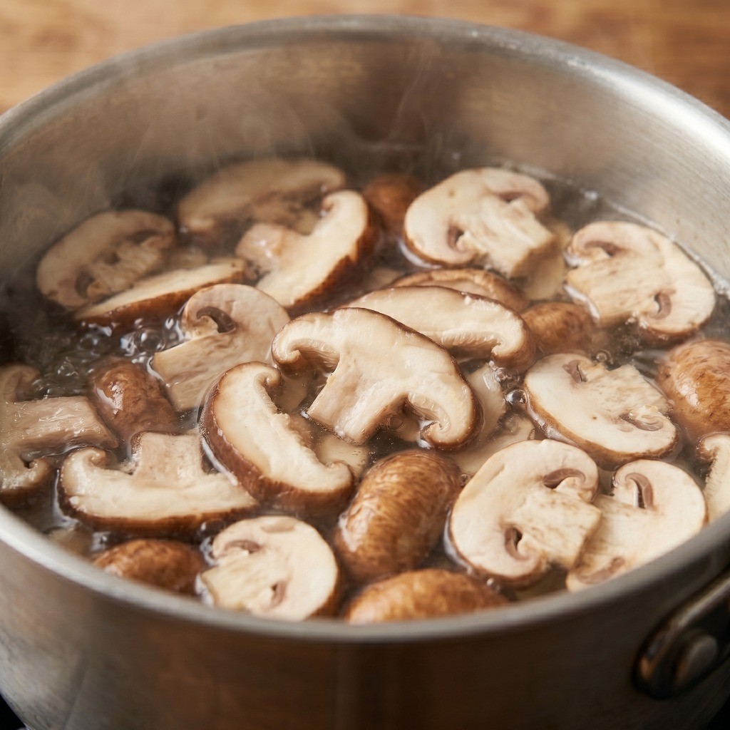 끓는 물에 채 썬 버섯을 살짝 데쳐 쫄깃한 식감을 살리는 과정