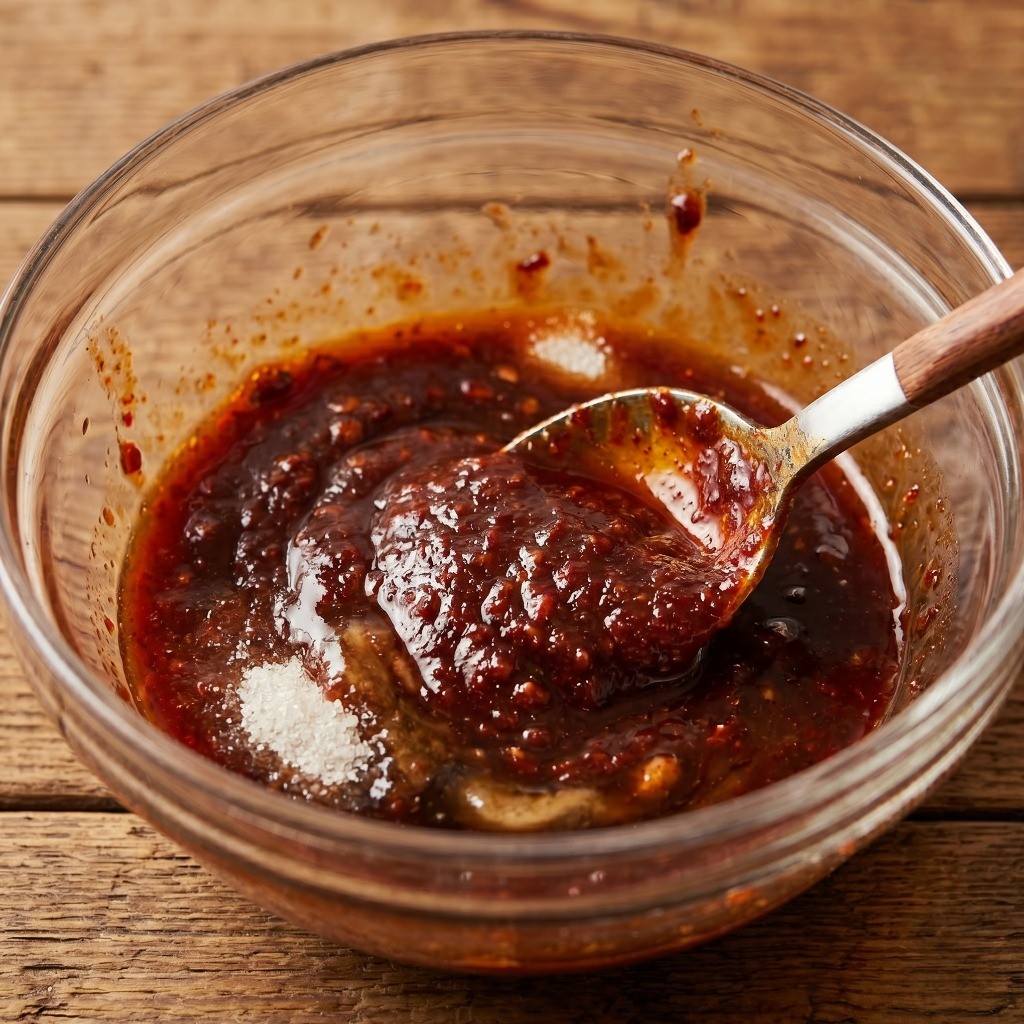 감자 전분물에 두반장과 설탕을 섞어 특제 소스를 만드는 과정