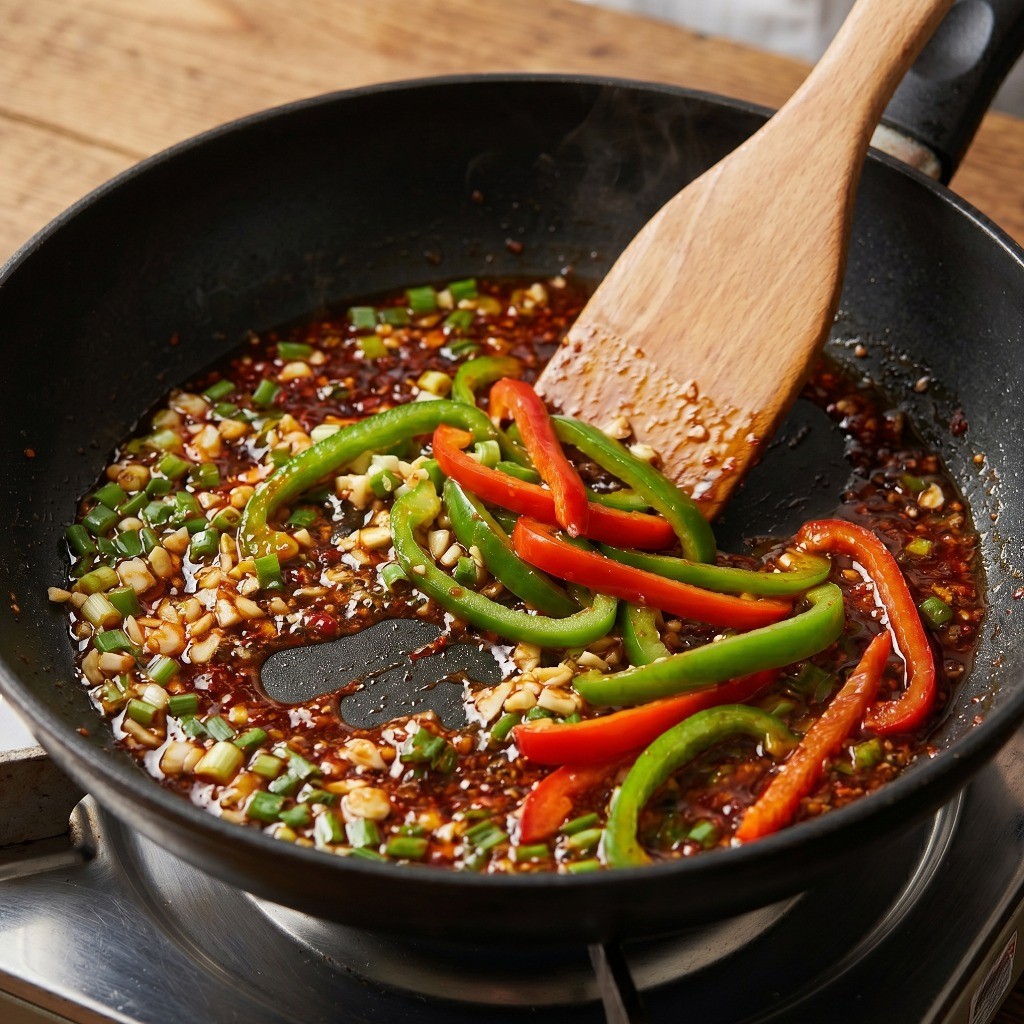 프라이팬에 붉은 고추기름을 두르고 다진 파, 마늘, 피망을 볶아 향을 내는 과정