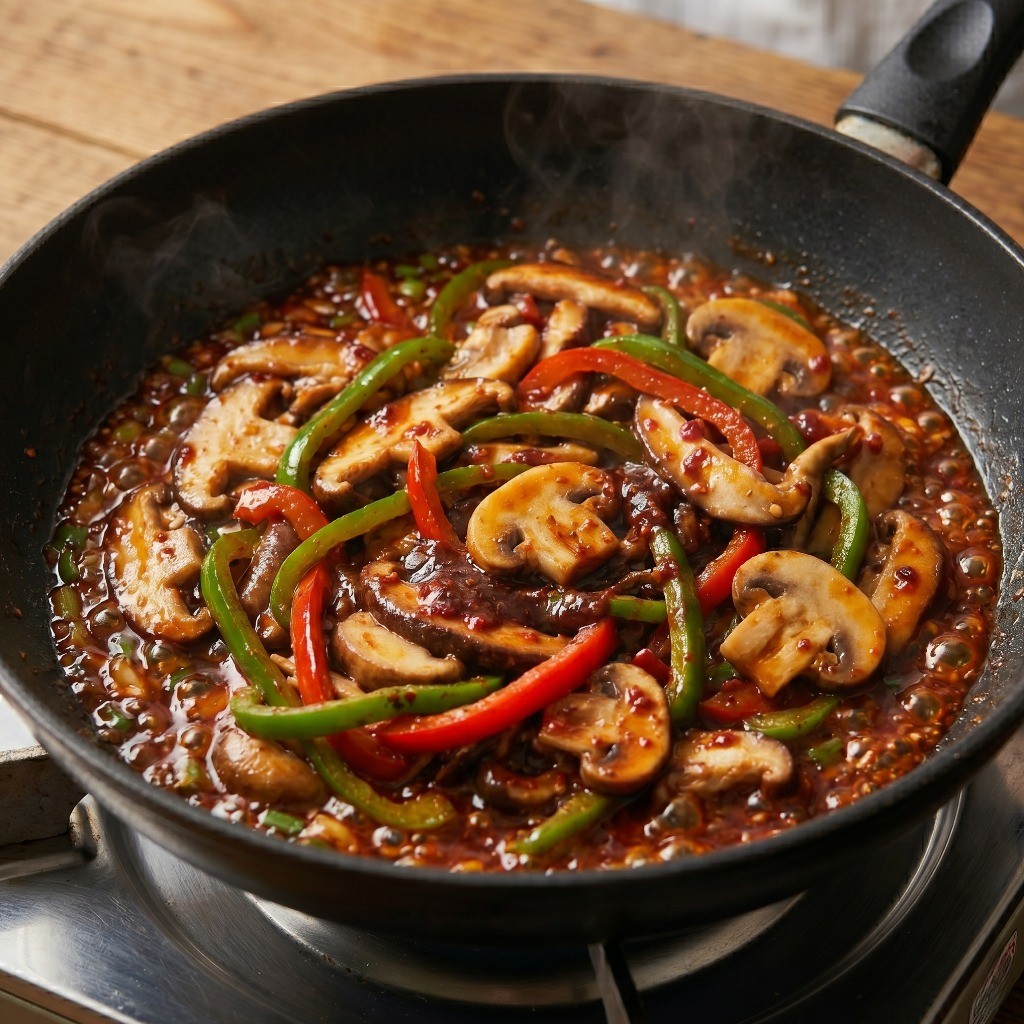 특제 소스와 데친 버섯을 함께 졸여 완성된 윤기 나는 두반장 버섯채 볶음