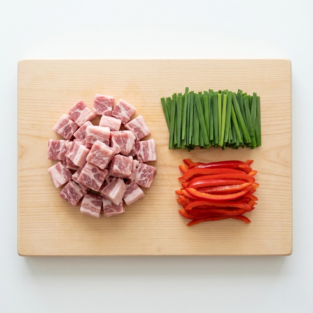 깍둑썰기한 생 항정살과 3등분으로 자른 영양부추 손질 과정