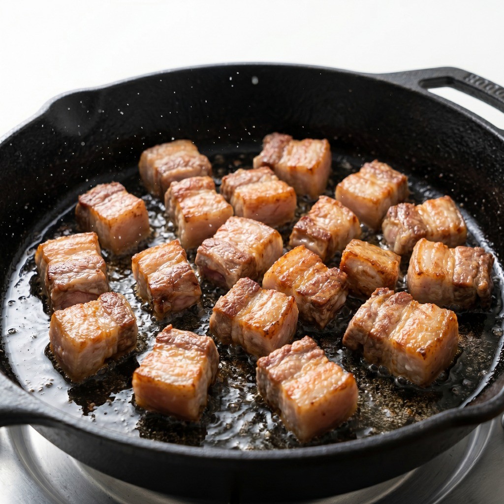 달군 프라이팬에서 노릇하게 볶아지는 큐브 모양의 항정살과 기름을 제거하는 모습