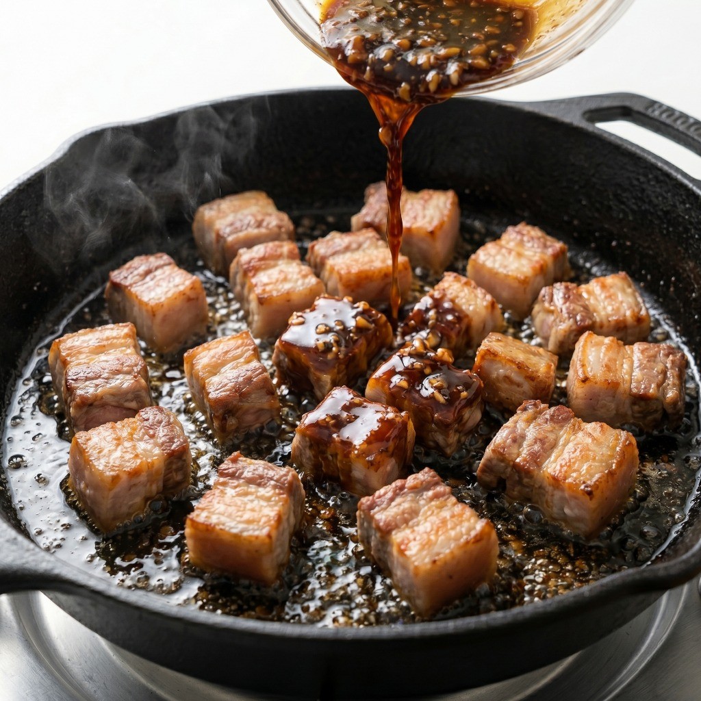 볶은 항정살에 3-3-3-3-3 만능 소스를 붓고 찐득해질 때까지 졸이는 과정