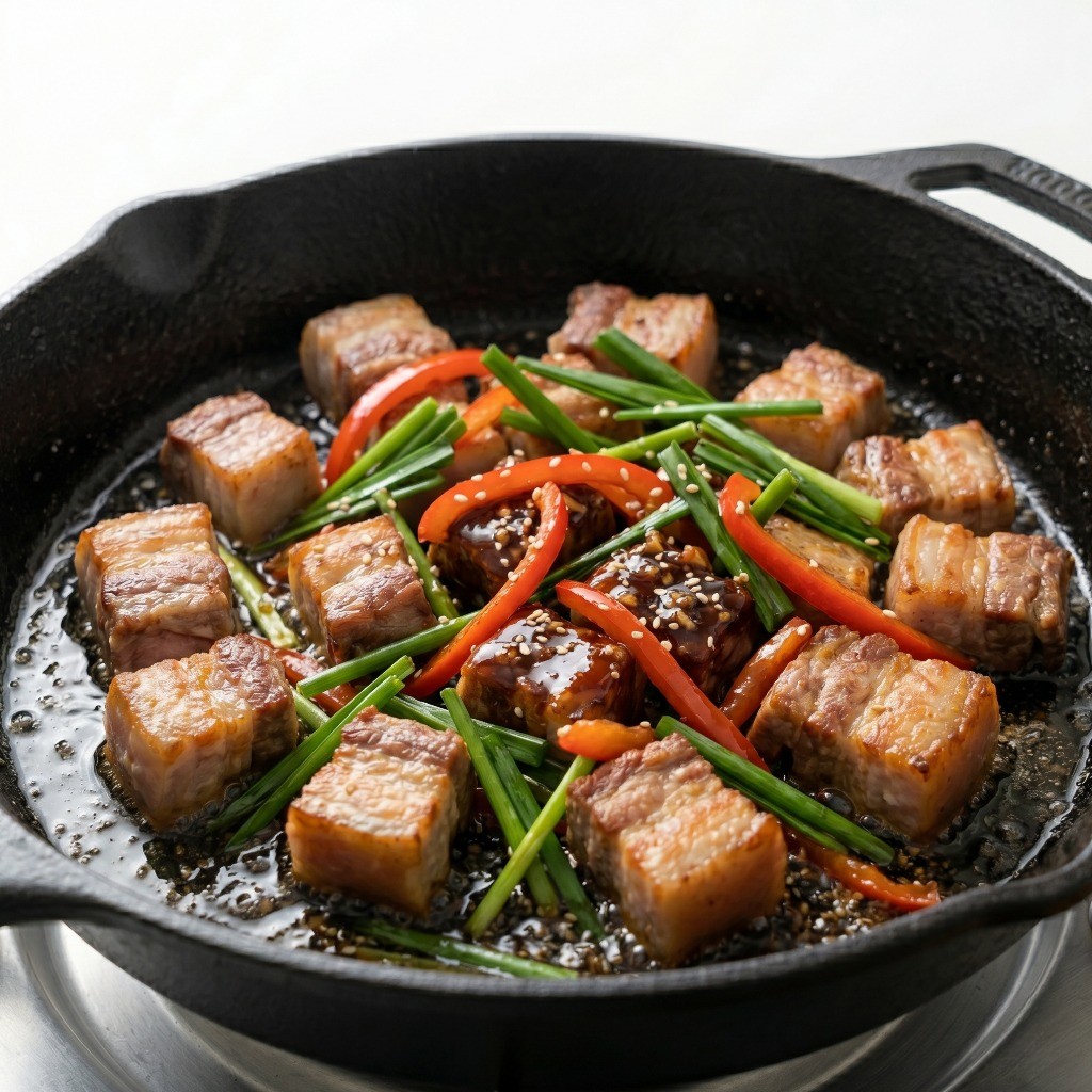 진한 소스에 버무려진 항정살에 신선한 영양부추와 홍피망을 넣고 잔열로 볶아 완성된 요리