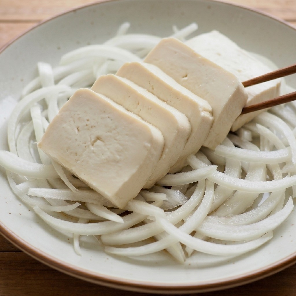 다이어트 야식 추천 - 채 썬 햇양파 위에 데친 두부를 먹기 좋게 썰어 올린 모습