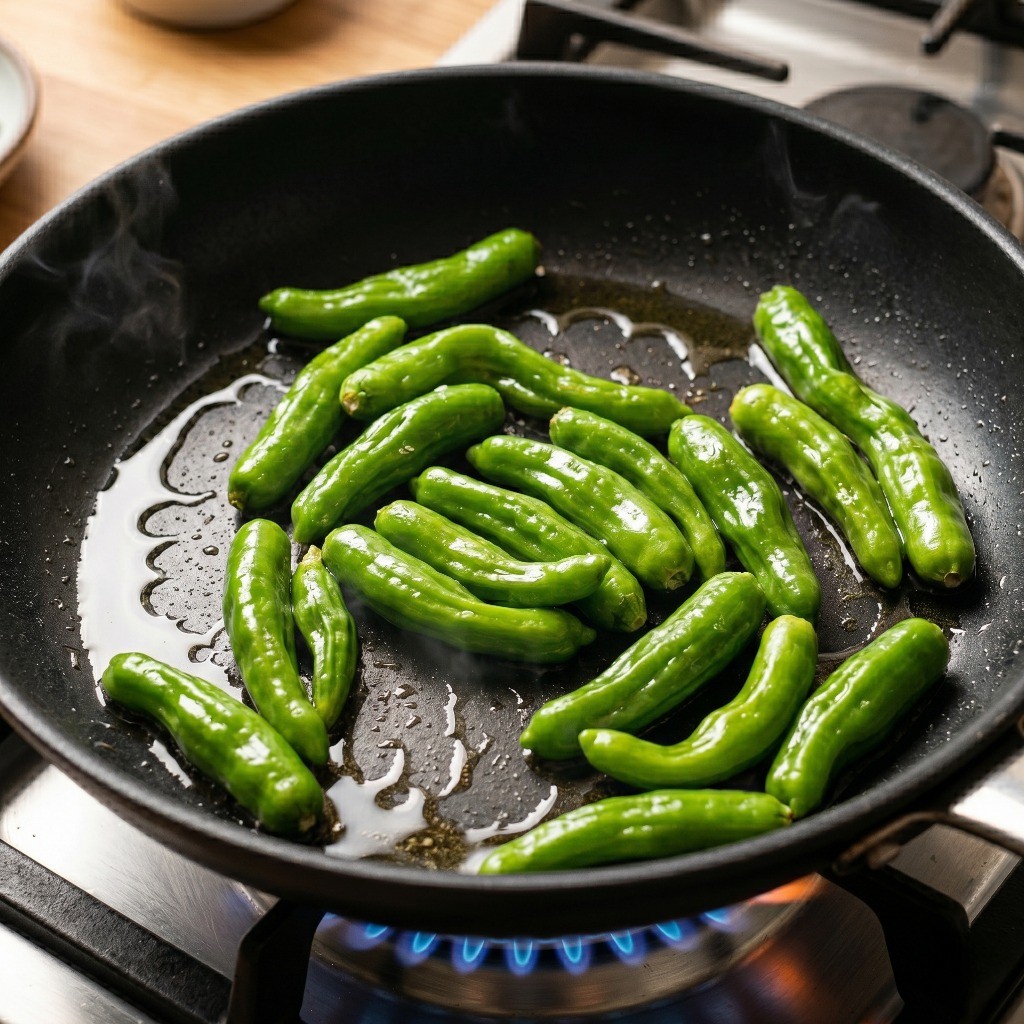 꽈리고추 멸치볶음 황금레시피: 신선한 꽈리고추를 소금에 살짝 볶아내는 과정