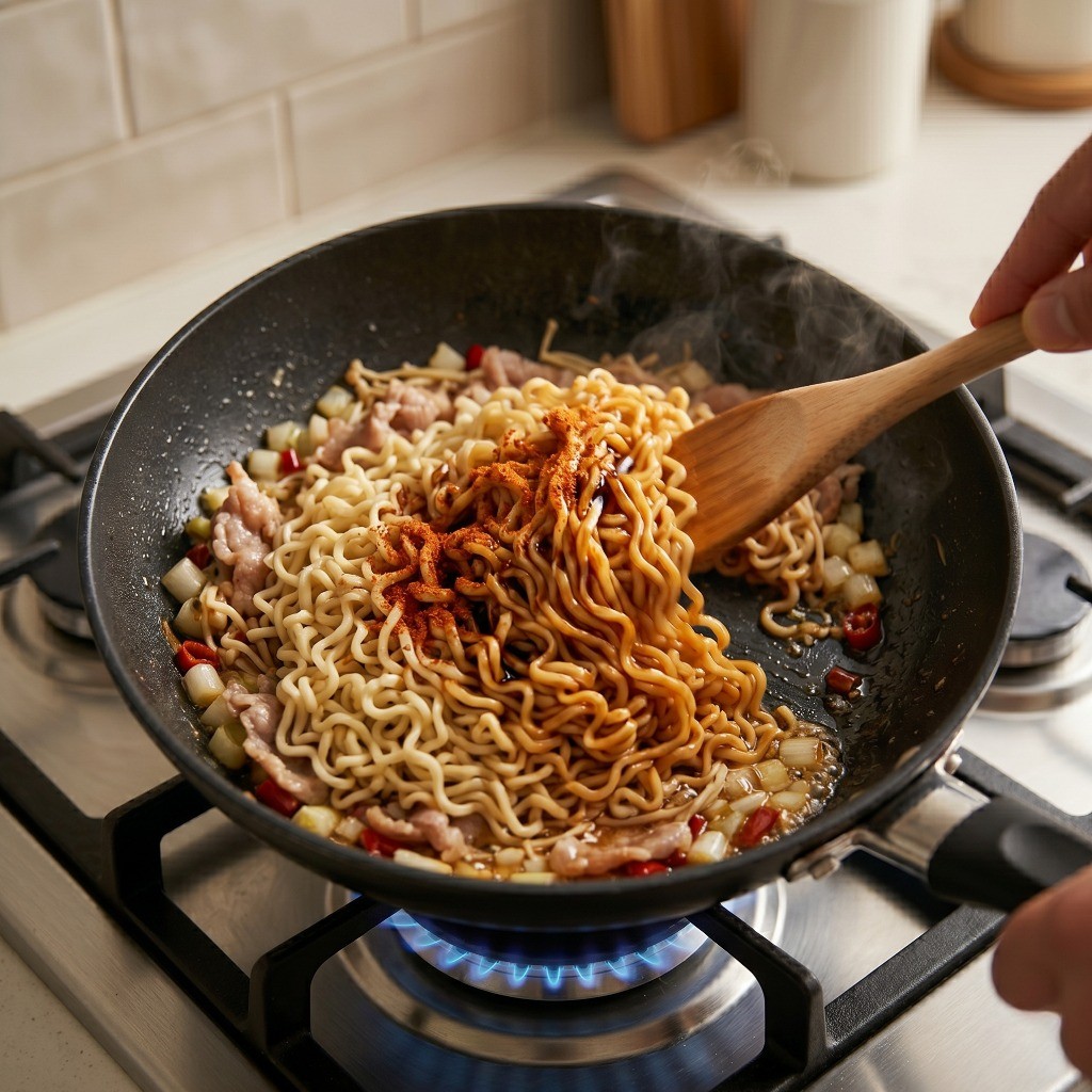 삶은 라면 면과 굴소스, 맛간장, 라면 분말 스프를 넣고 강불에 볶아내는 과정
