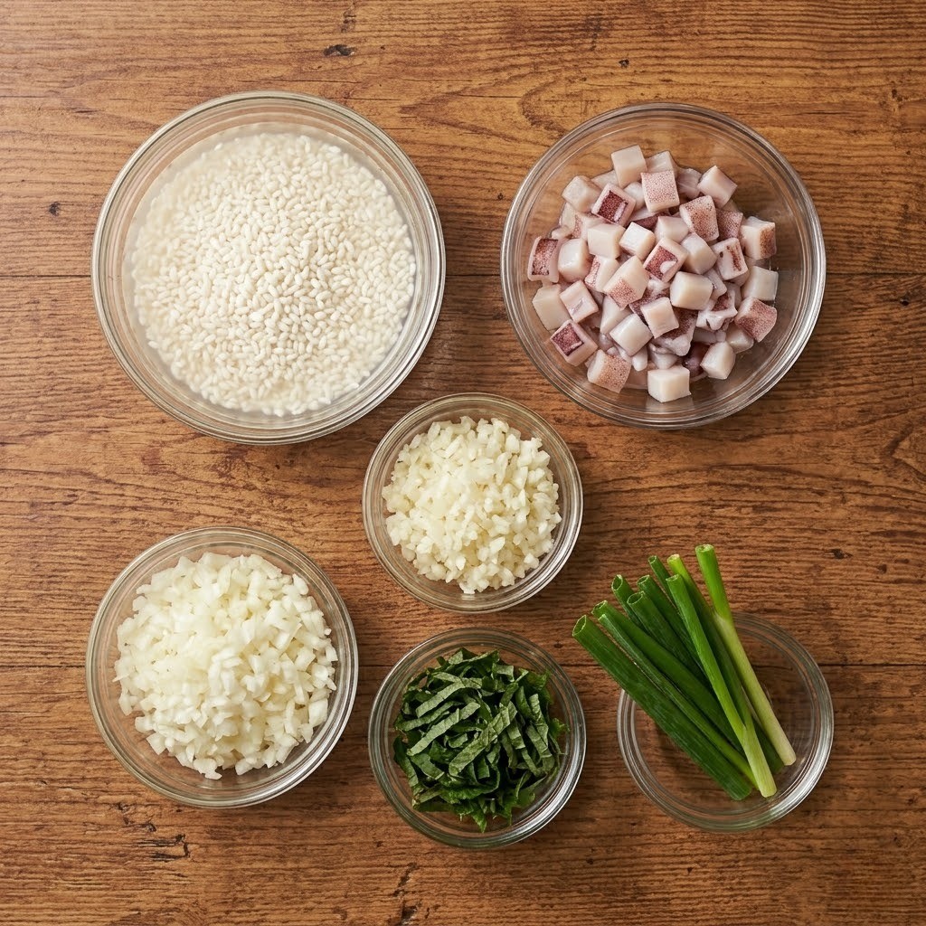수제 소시지 재료인 물에 불린 찹쌀과 잘게 다진 오징어, 양파, 깻잎, 대파 준비 과정
