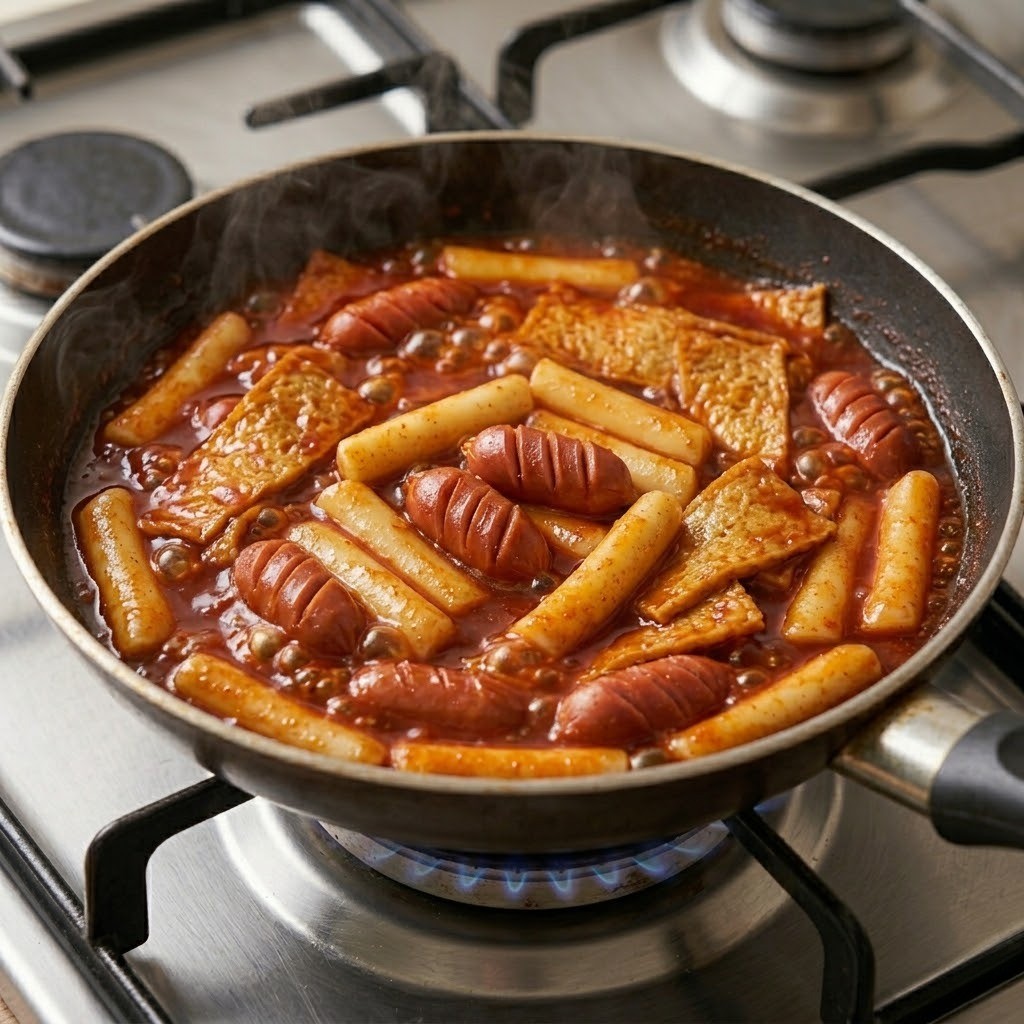 완성된 매콤한 떡볶이 양념장에 불린 쌀떡, 비엔나소시지, 사각 어묵을 넣고 졸이는 과정