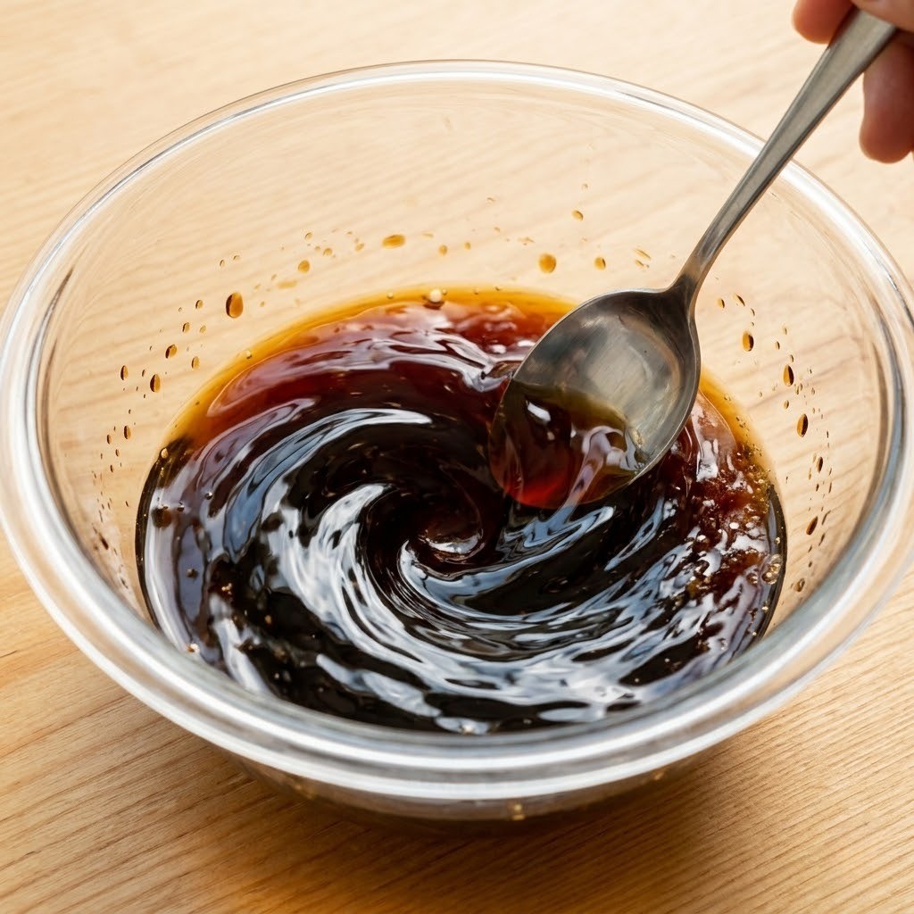 물, 간장, 설탕, 식초, 맛술을 섞어 간장냉국수 육수를 만드는 과정