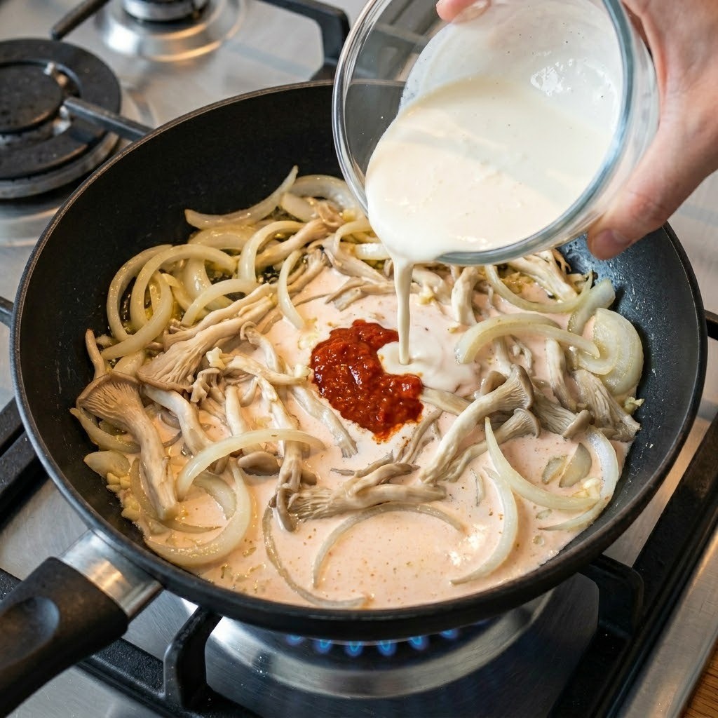 잘 볶아진 채소에 준비한 크림소스와 감칠맛을 더할 떡볶이 소스를 넣고 섞어 끓이는 모습
