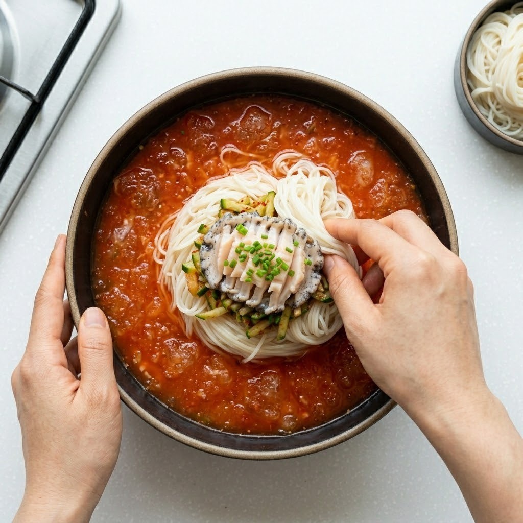 밑간한 소면에 물회 육수를 붓고 전복과 쪽파를 올린 전복물회국수 플레이팅 완성 모습