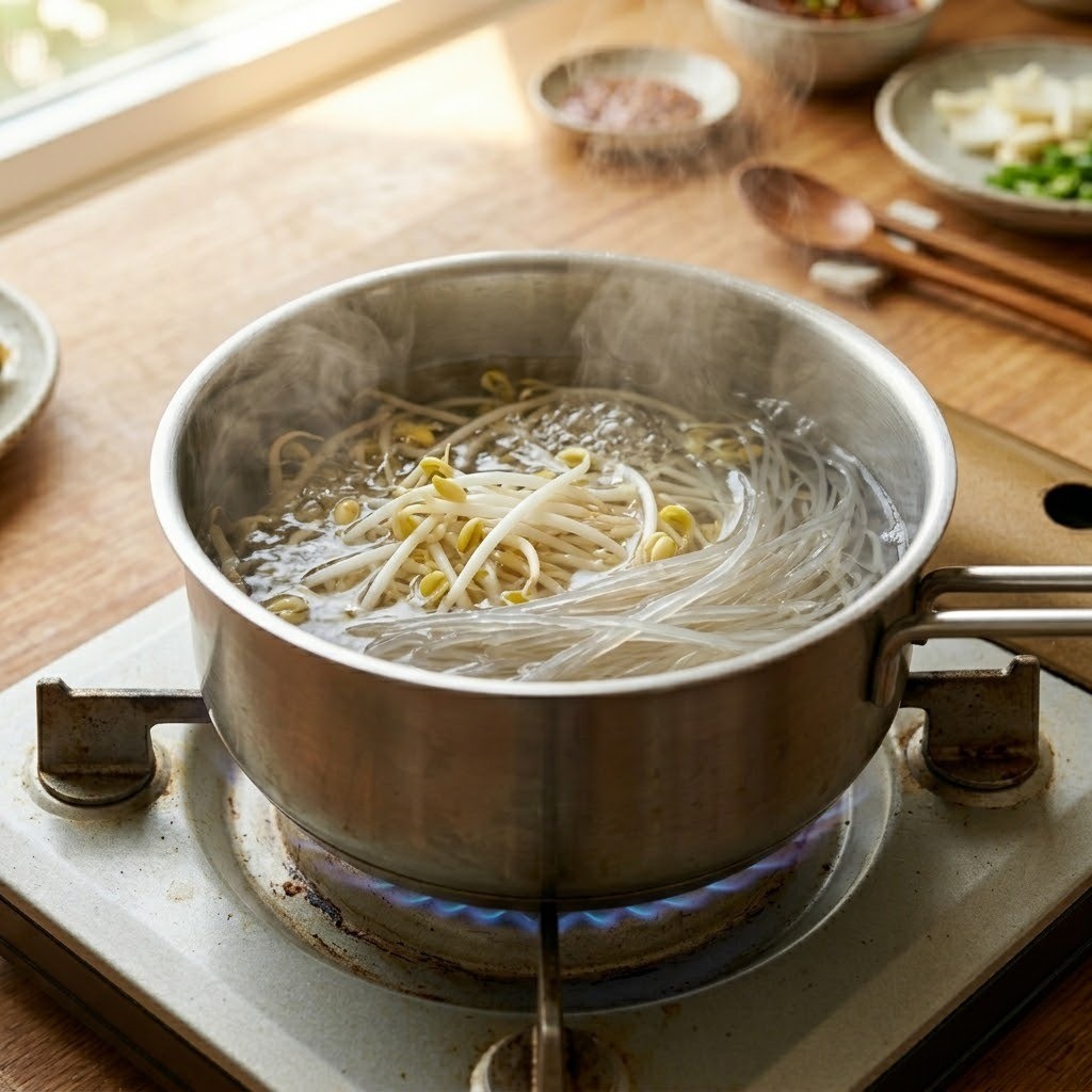 끓는 물에 아삭한 숙주를 데치고 쫄깃한 당면을 삶아내는 요리 과정