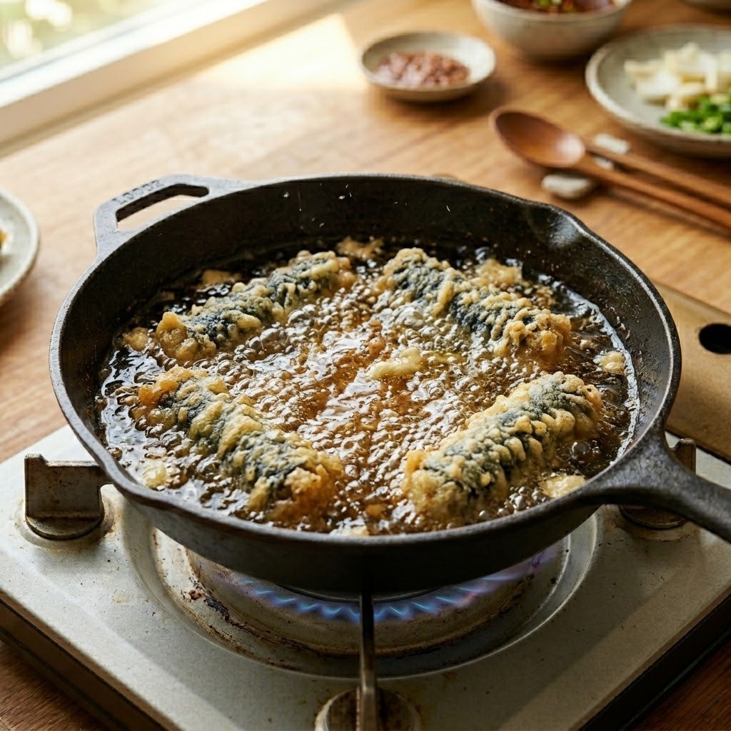 탄산수 튀김 반죽을 얇게 입힌 김말이를 뜨거운 기름에 바삭하고 노릇하게 튀겨내는 요리 과정