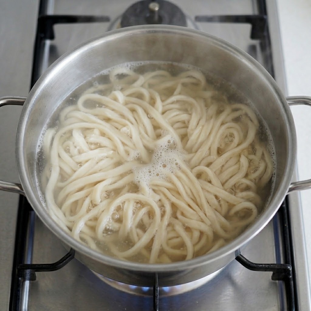 K-볶음면 생칼국수면 삶는 법, 끓는 물에 4분간 쫄깃하게 익히는 과정