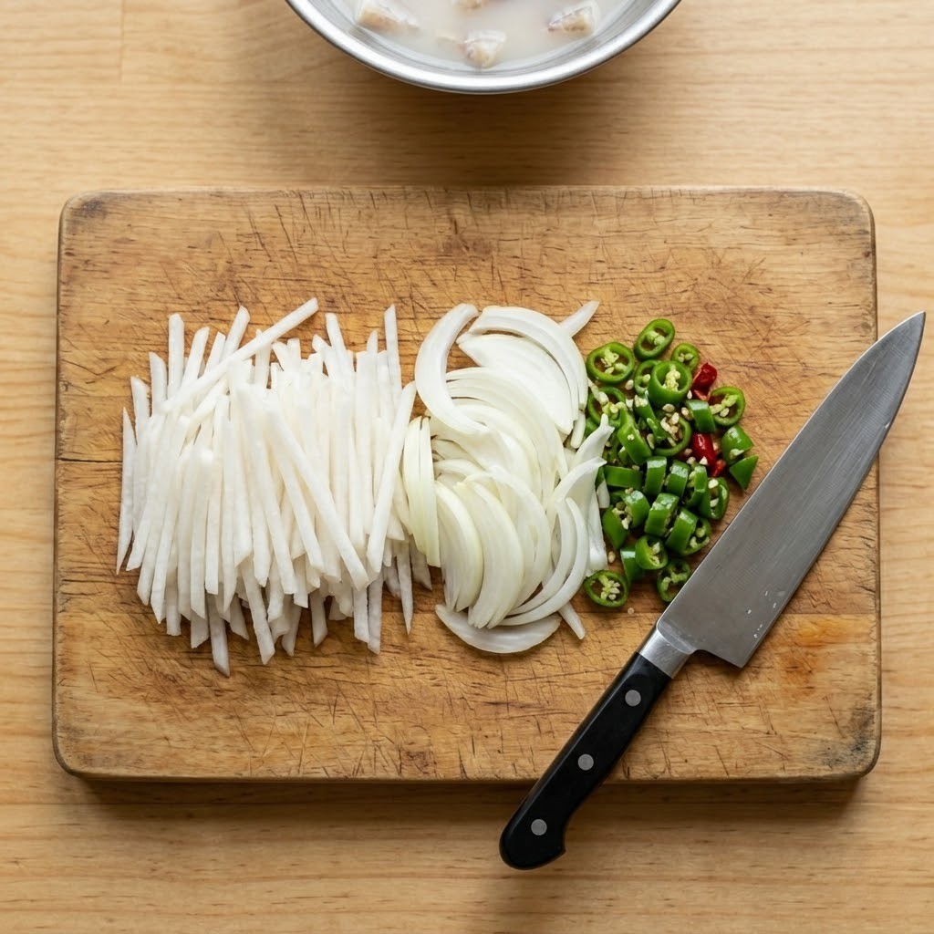 홍어무침 비빔밥에 들어갈 아삭한 무, 양파, 매콤한 청양고추를 먹기 좋은 두께로 얇게 채 써는 손질 과정