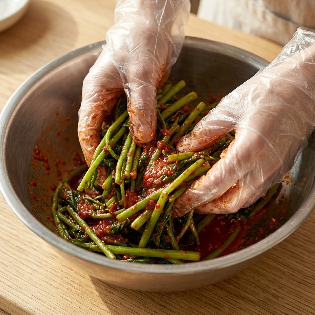 홍진영 고구마순김치 양념 버무리기 - 멸치액젓, 매실액, 시판 김치 양념으로 완성하는 과정