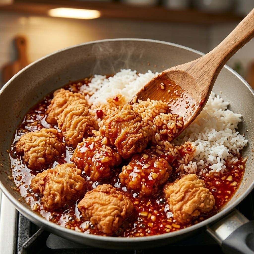 튀긴 치킨과 양념 소스, 밥을 함께 볶아 완성한 맛있는 치밥
