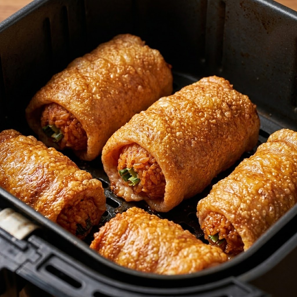 돌돌 만 꼬꼬치밥을 에어프라이어 180도에서 10분간 바삭하게 구워내는 조리 과정