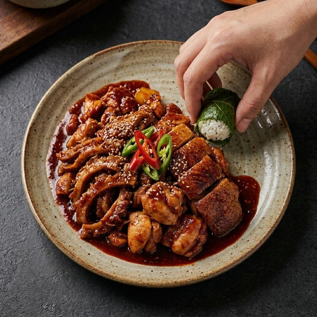 완성된 곱닭오리볶음 위에 바삭하게 볶은 매콤한 오리껍데기를 얹고 깻잎 장아찌 쌈밥을 곁들여 플레이팅한 모습