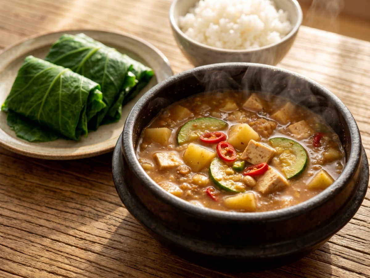편스토랑 한다감 레시피로 만든 걸쭉한 강된장 스타일 호박잎 된장찌개 완성 모습